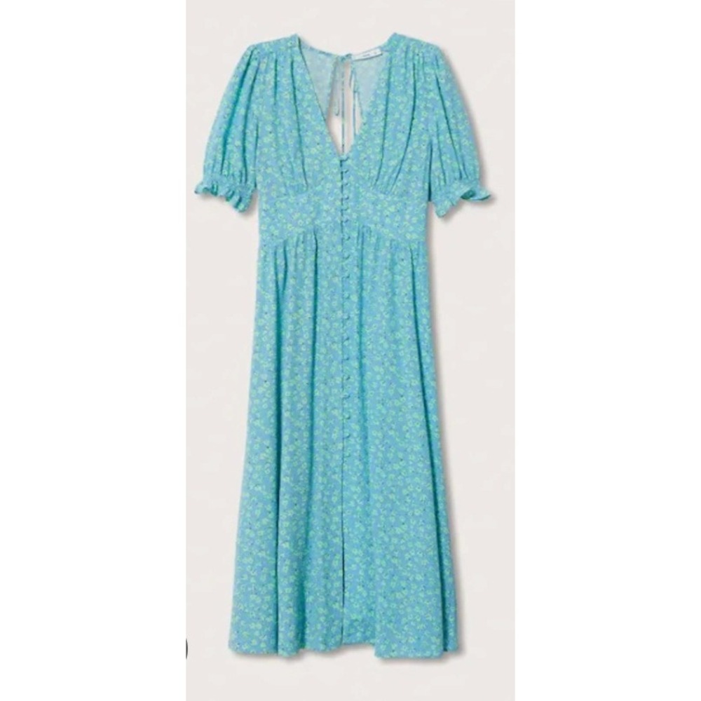 Mango Floral Midi Dress 2XL Blue Green Button Front Autumn Wedding Guest New‎